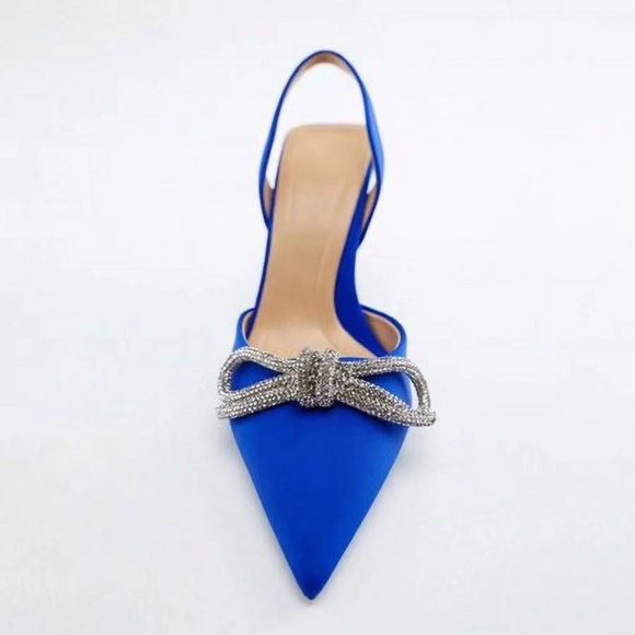 Women's Rhinestone Bow Sling Back Pointed Toe Mid Kitten Heel Shoes - Picture 3 of 3